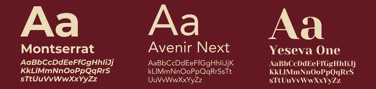Typographies de la charte Globna : Montserrat, Avenir Next et Yeseva One