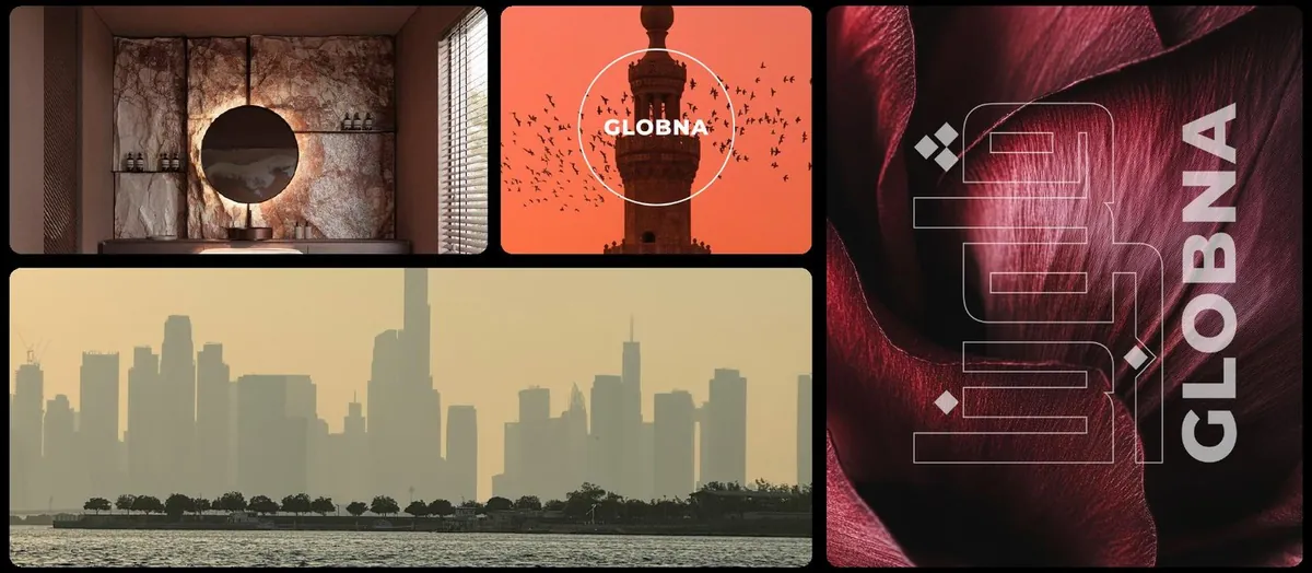 Planche d'iconographie Globna : intérieurs, minaret sur ciel orangé, skyline et pétale bordeaux