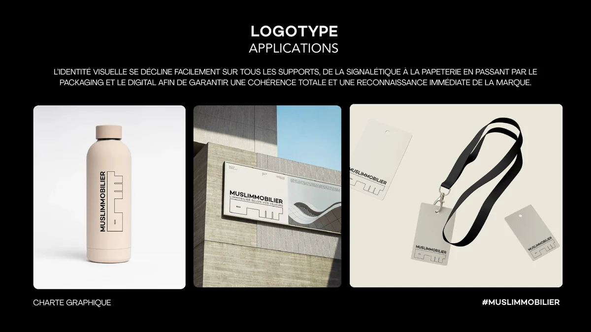 Applications de la marque Muslimmobilier : gourde, enseigne murale et badge avec cordon