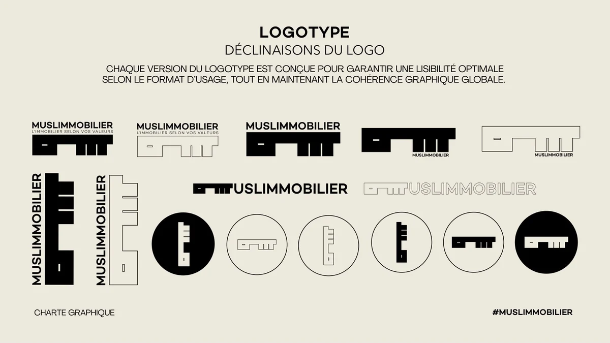 Déclinaisons du logotype Muslimmobilier : versions horizontales, verticales et sceaux ronds
