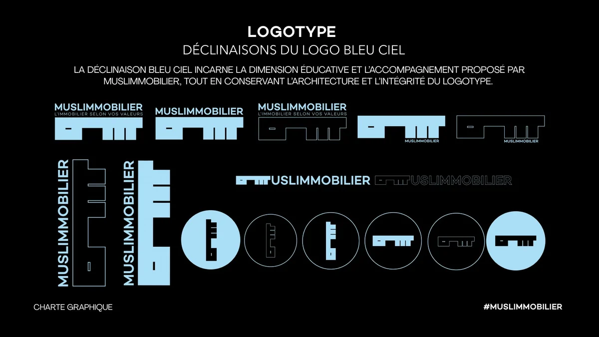 Déclinaison bleu ciel du logotype Muslimmobilier sur fond noir