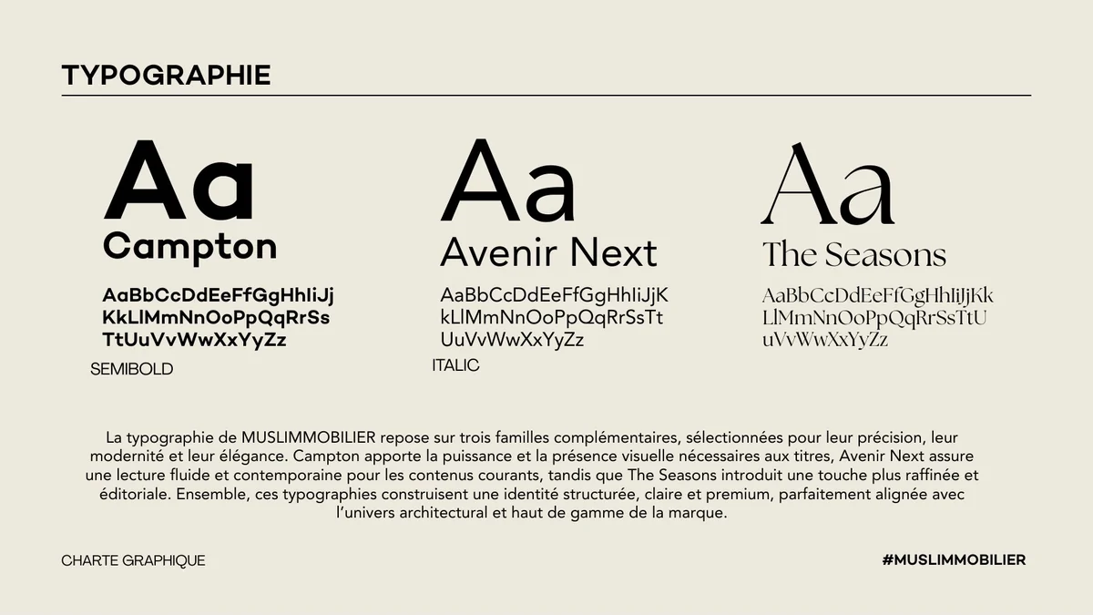 Typographies de la marque : Campton, Avenir Next, The Seasons