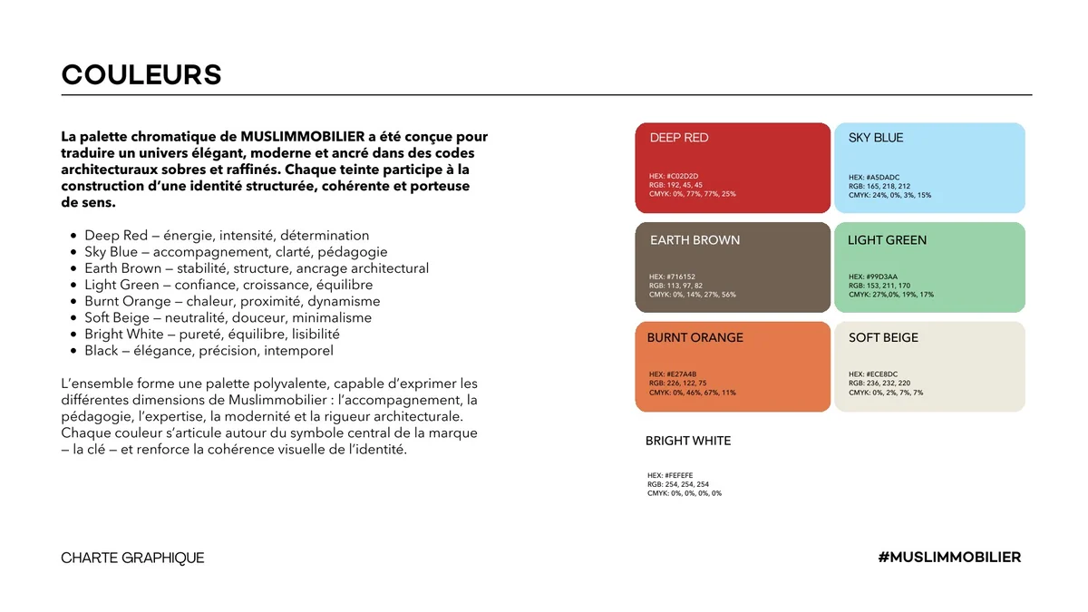 Palette Muslimmobilier : rouge profond, bleu ciel, brun terre, vert clair, orange brûlé et beige doux