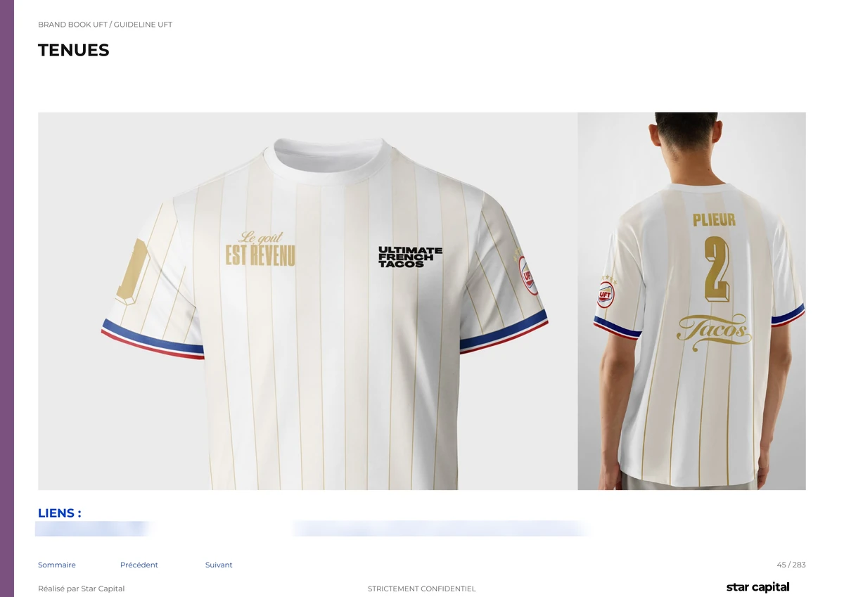Page du brand book UFT : maillot rayé crème et doré aux couleurs d'Ultimate French Tacos, vu de face et de dos