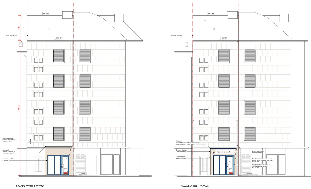 UFT Angers, élévations de la façade avant et après travaux